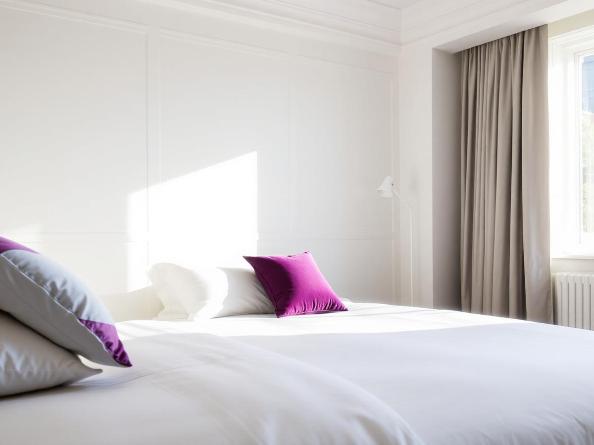 Spotless bedroom with white linens